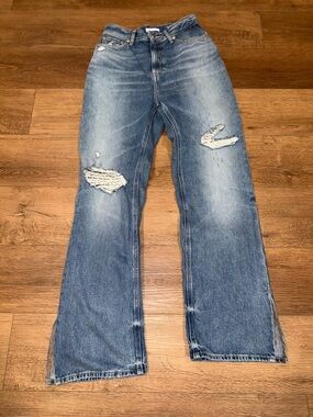 Good American Khloe Super High Rise Blue Denim Jeans 27 Distressed Split Hem